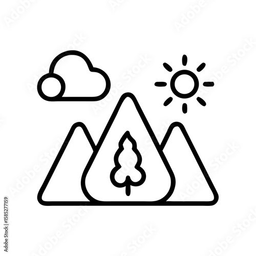 Abstract landscape with mountains, sun, clouds, and a tree symbolizing Ecology  