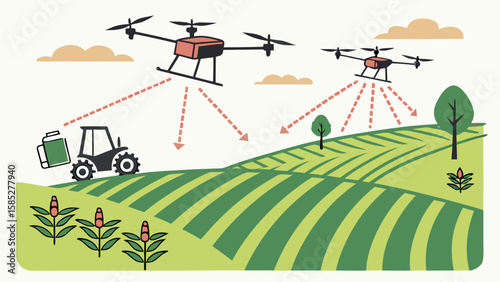 Two drones flying over a green field with tractor and trees for precision agriculture and farming tech