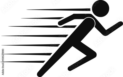 Fast Running Man Icon:  Bold Black Silhouette, Speed Lines, Dynamic Motion, Minimalist Style, Urgent Energy.