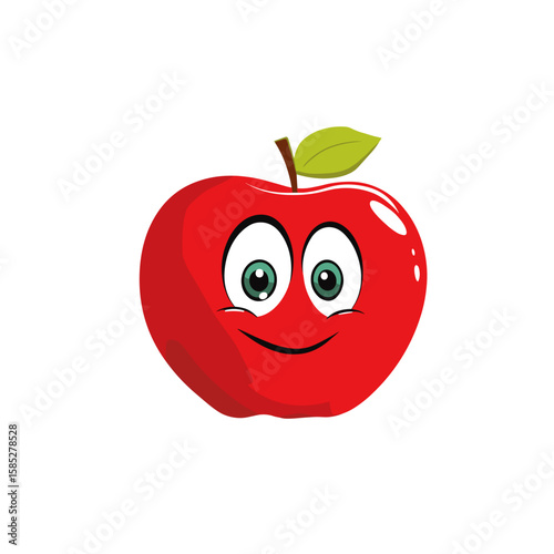 Cute Cartoon Red Apple With Leaf, Vector Logo, Icon