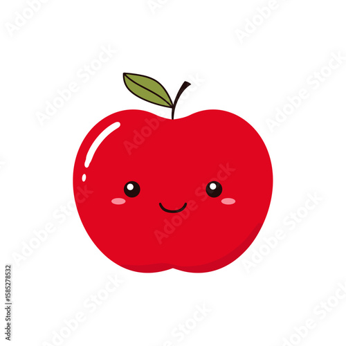 Cute Cartoon Red Apple With Leaf, Vector Logo, Icon