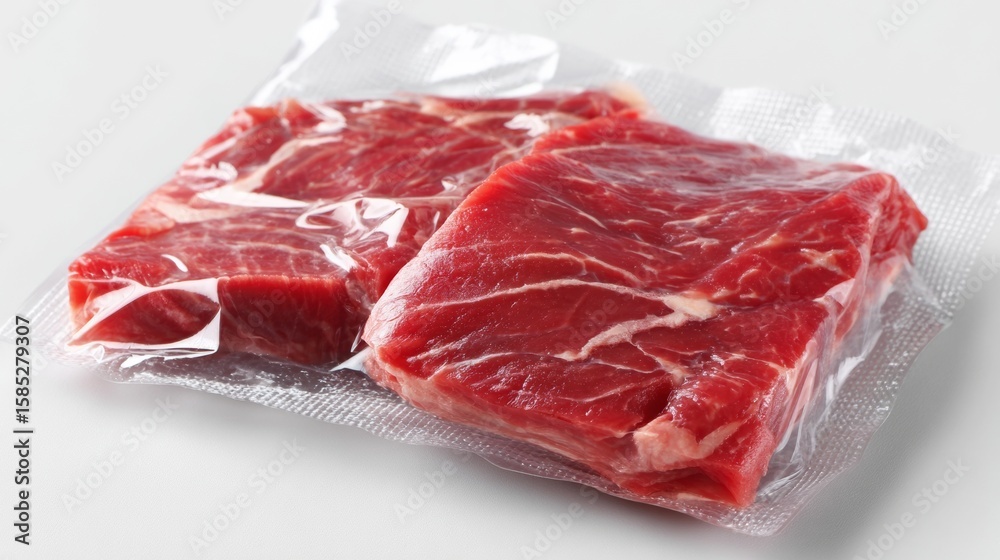 Obraz premium Raw vacuum sealed red meat on white surface in packaged food preservation storage concept studio background scene