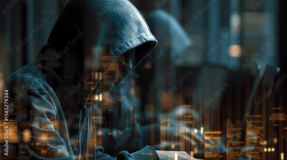 Un hacker, les yeux rivés sur un écran, avec une ville en arrière-plan