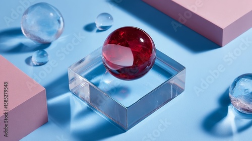 Red and clear glass spheres placed on geometric pastel blocks in clean minimal abstract design scene