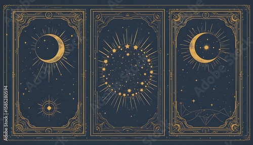 Tarot moon frame designs with golden celestial elements - crescent phases, radiating sun rays, star constellations inside rectangular borders. Mystical card templates for divination and spiritual art.
