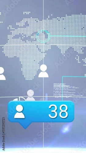 Global network and data analytics animation over world map with user icons