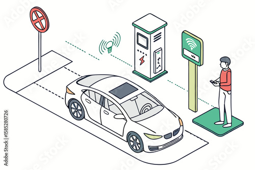 Isometric illustration of an electric car charging at a station with a person using a mobile device nearby