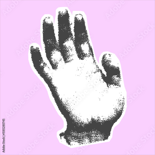 Open human hand with visible fingers in a black and white style on a pink background. Vector illustration shows isolated gesture with strong texture and contrast.