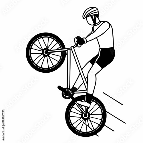 Black and white illustration of a cyclist performing a wheelie bicycle stunt