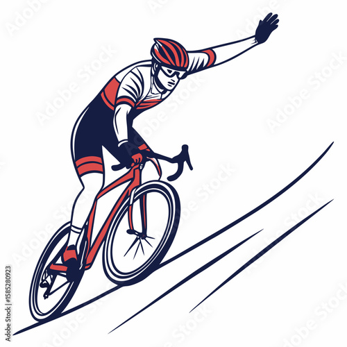 Cyclist descending fast wearing red and blue kit cycling racing