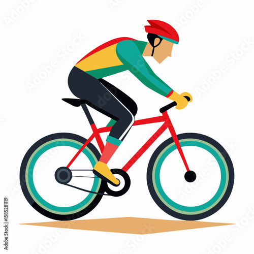 Cyclist performing a wheelie on a red bicycle yellow