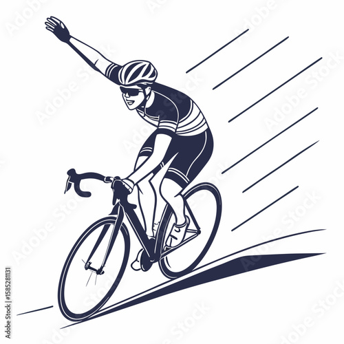 Cyclist racing downhill with arm raised speed motion