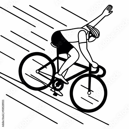 Cyclist racing downhill with arm raised bicycle speed