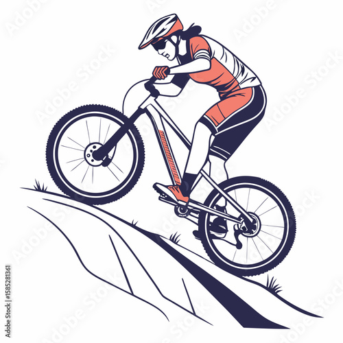 Female cyclist performing a wheelie on a dirt track bicycle mountain bike