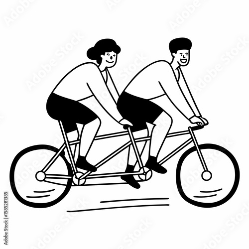 Happy couple riding tandem bicycle black and white illustration cycling
