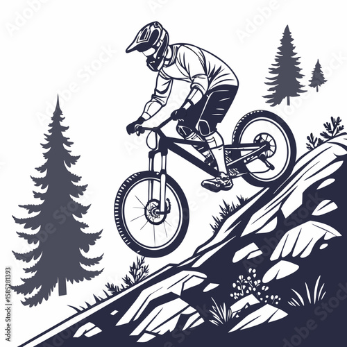 Mountain biker descending rocky slope amidst pine trees mountain biking downhill