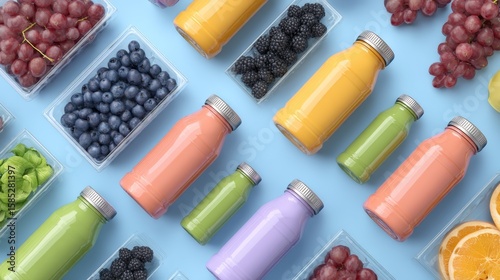 Colorful juice and smoothie bottles flatlay with fruits and berries for health drink beverage branding scene lifestyle