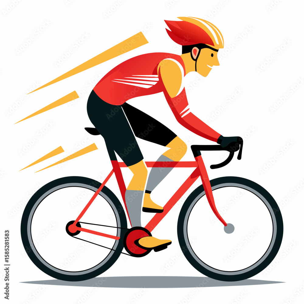Fototapeta premium Red cyclist speeding downhill on a bicycle cycling yellow