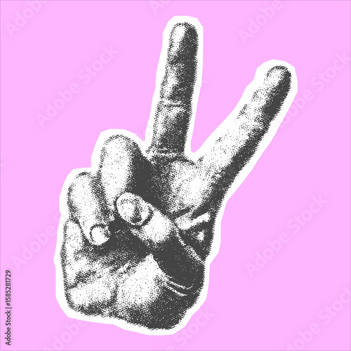 Hand gesture showing victory symbol in monochrome sketch style. Grunge art on pop background, vector illustration with dotted texture.