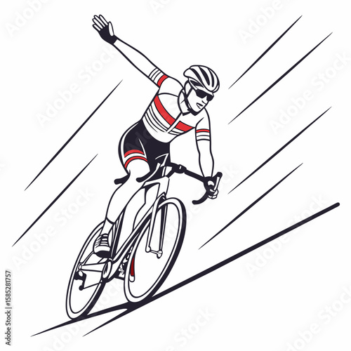 Athletic cyclist descending fast wearing red and black cycling kit sport racing