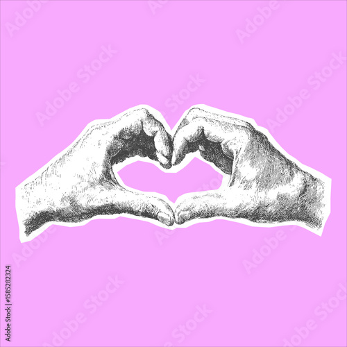 Hands form a heart gesture in a vintage drawing style. Black and white vector illustration on a pink background.