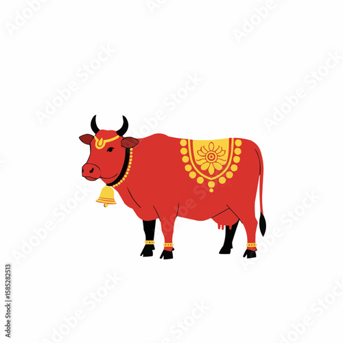 Red sacred cow decorated with ornaments and bell in traditional style  