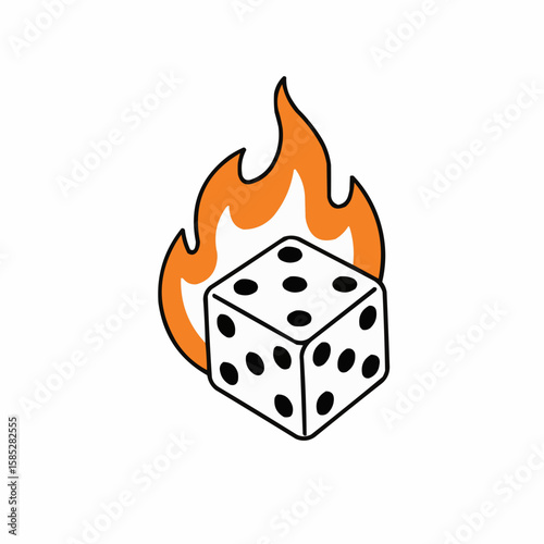 Flaming dice with orange flames and black dots on a white background  