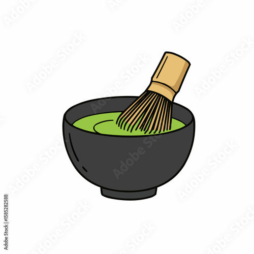 Matcha bowl with whisk and green tea mixture  