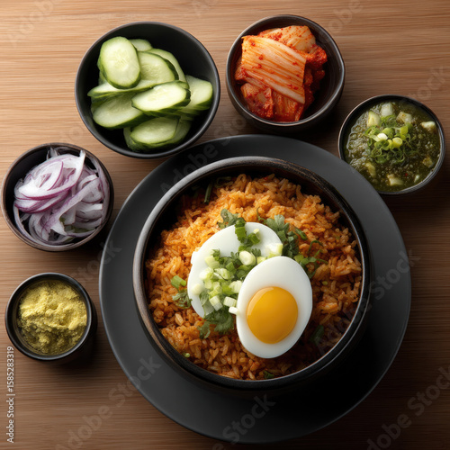 Spicy Korean fried rice with boiled egg, kimchi, cucumber, onion, soup, and seasoning on wooden table, vibrant and appetizing