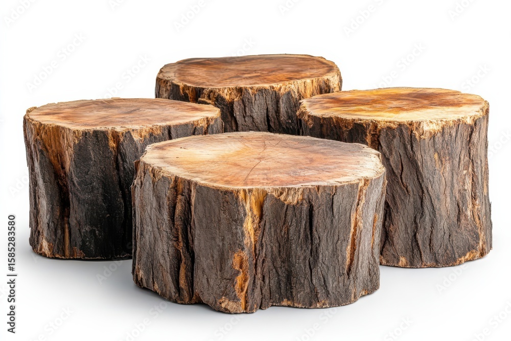 Four Log Stumps Grouped Wood Rustic Decor Photography Forest Timber Brown Cut on white background. Generative AI Four Log Stumps Grouped Wood Rustic Decor Photography Forest Timber Brown Cut on white background. Generative AI