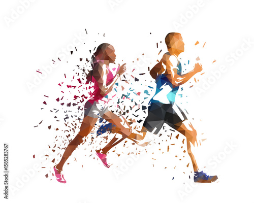 Run, running people - man and woman, low poly isolated vector sports illustration, side view. Track and field athletes