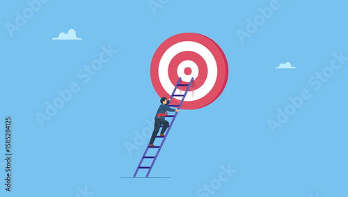 Businessman climbing up ladder to reach target or goal. Climb ladder to business goal, aspiration to success, growth or aiming to achieve target, objective or purpose, motivation to winning.