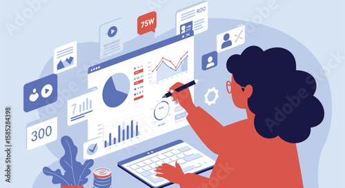 Woman using a stylus on a large monitor displaying graphs, charts, and social media icons, with a keyboard in front of her.