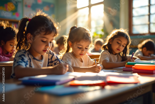 Focused Young Students Learning in Classroom Education Concept