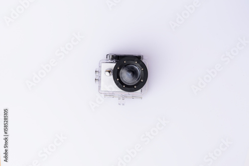Modern GoPro action sports camera viewed from above, isolated on a clean white background. Perfect for technology, travel, and adventure design projects.