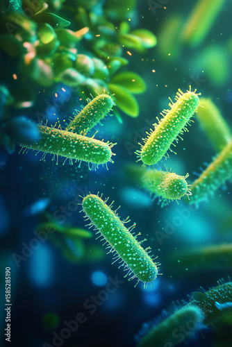 Probiotic Bacteria Under Microscope – 3D Render of Gut Microbiome