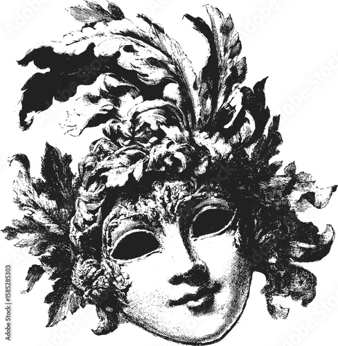 Venetian carnival mask with ornate feathers, floral shapes, and vintage engraving details. Decorative vector illustration.