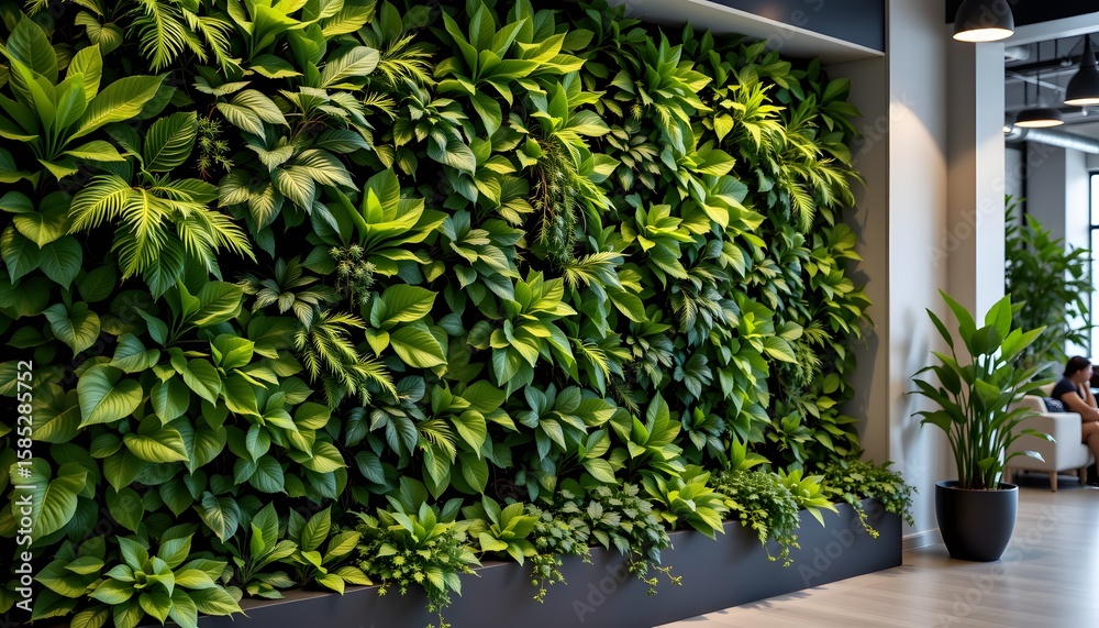 Obraz premium Indoor vertical garden with lush green plants in modern office interior featuring natural sunlight and contemporary furniture for a calming work environment