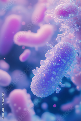 Probiotic Bacteria Under Microscope – 3D Render of Gut Microbiome
