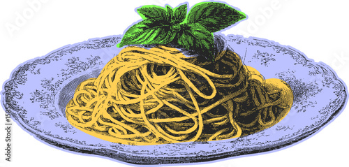 Traditional Italian pasta with basil on an ornate plate. Vintage engraving style vector illustration of classic cuisine.
