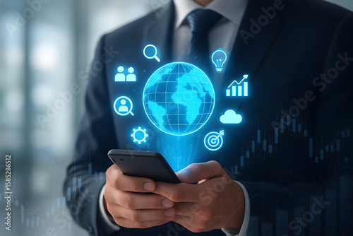 Wallpaper Mural Global Business and Technology Concept with Businessman Using Smartphone and Digital Icons Torontodigital.ca
