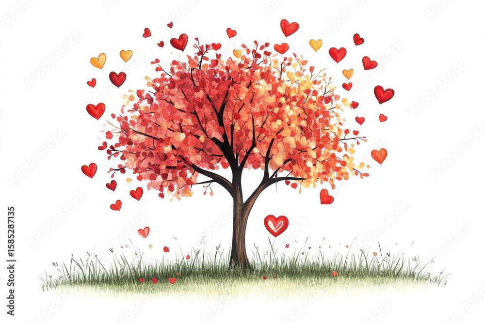 Fototapeta premium Tree of Love Heart Leaves Watercolor Art Romance Affection Valentine s Day on white background. Generative AI