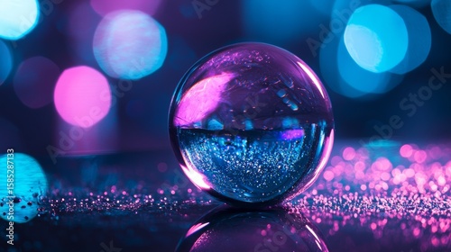 Glass crystal ball with colorful reflections on sparkly bokeh surface for magic fantasy concept photography