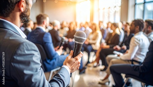 hand holding a microphone with people sitting neatly dressed in the background