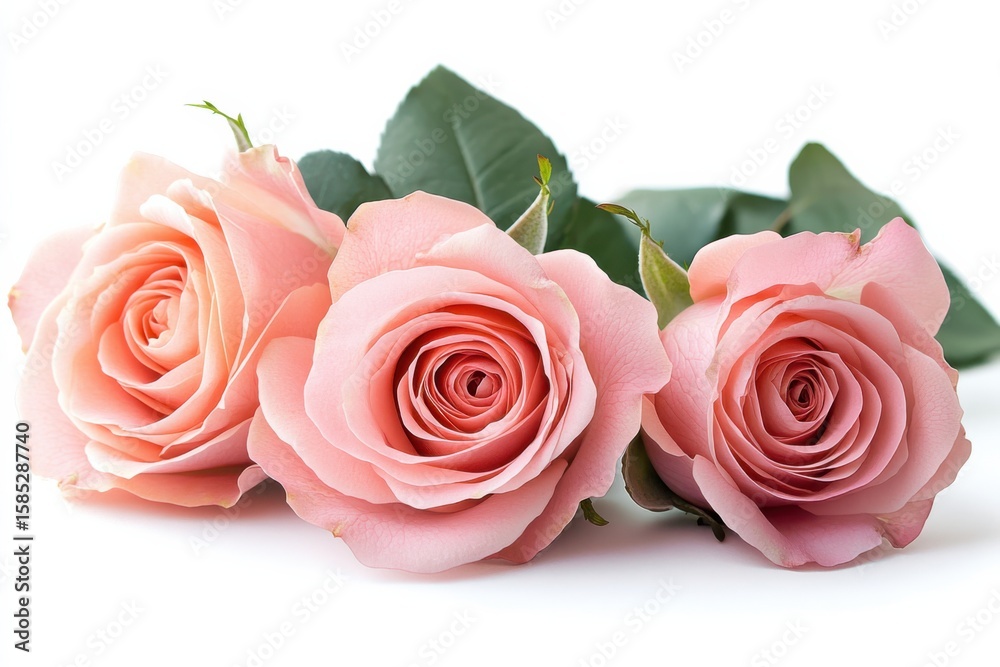 Naklejka premium Three Pink Roses Arrangement Still Life Photography Love Romance Elegant Flowers on white background. Generative AI