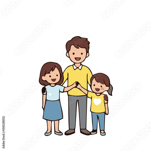 A cartoon father stands with his two smiling daughters, holding hands.