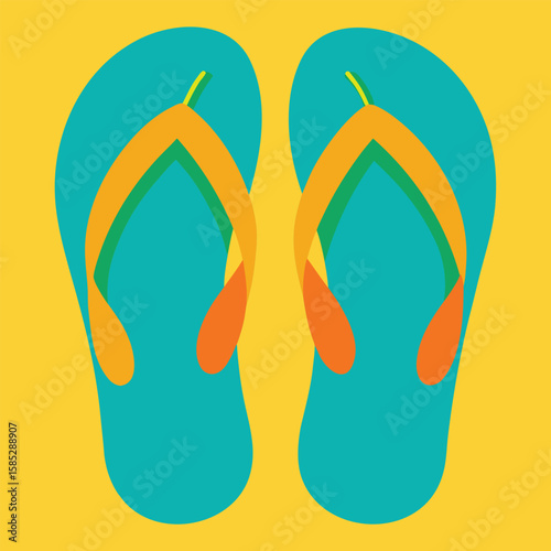 Colorful illustration of two flip flops on a yellow background summer beach design