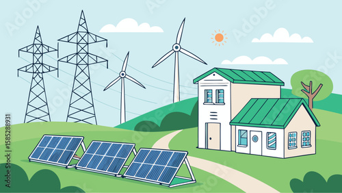 Illustration of a house with solar panels, wind turbines, and power lines in a green landscape