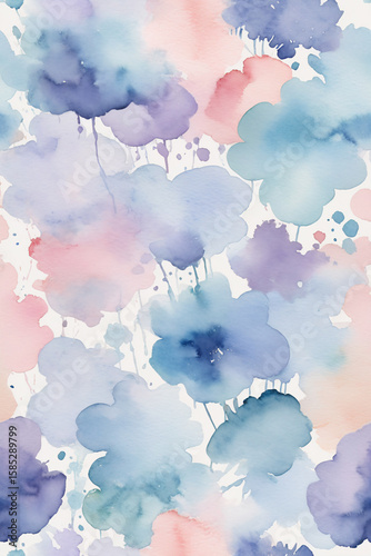 pattern of pastel-colored watercolor splashes with soft hues of pink blue and lavender.