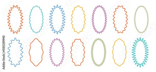 Zig zag wavy edge frame or border shapes set. Jagged geometric oval. Abstract elements for promo material, web template, stickers, or social media design.